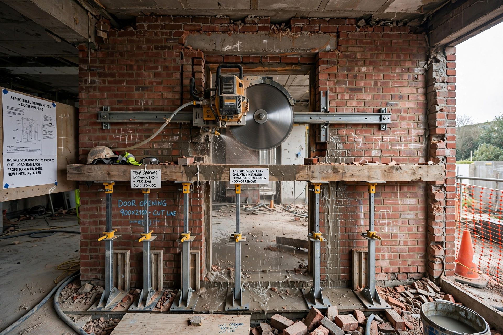 A wall saw making a controlled door opening in a masonry wall, with Acrow props installed as specified by the structural design