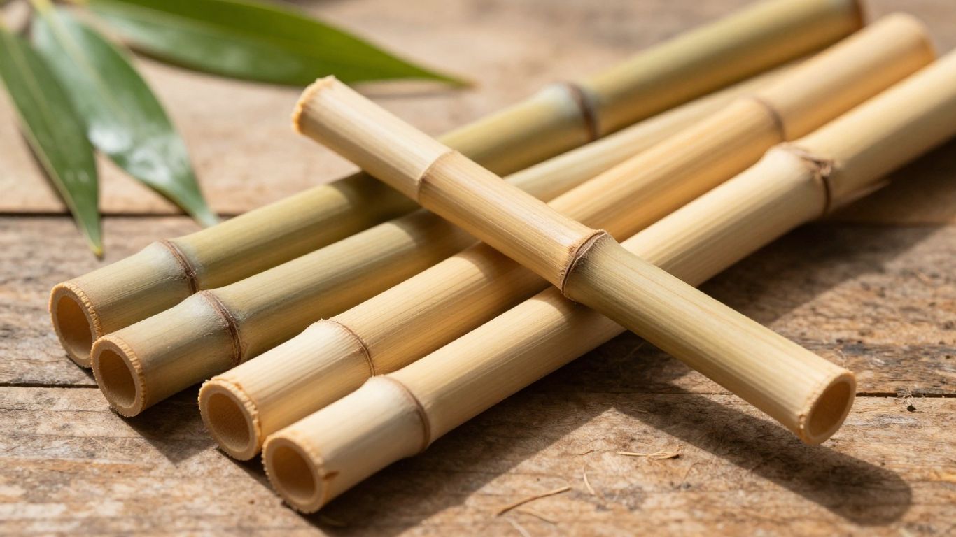 Natural bamboo drinking straws on a wooden surface with leaves.