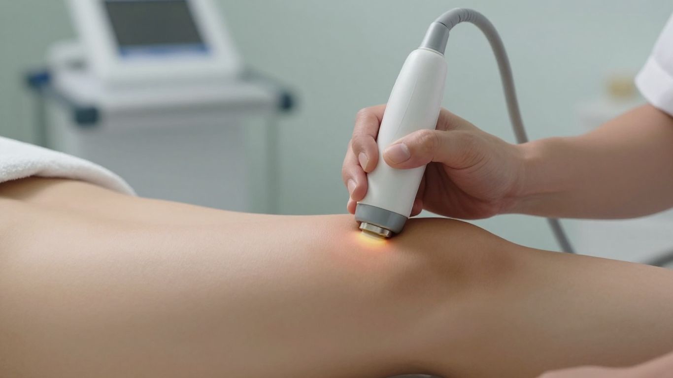 Shockwave therapy device on a patient's leg.