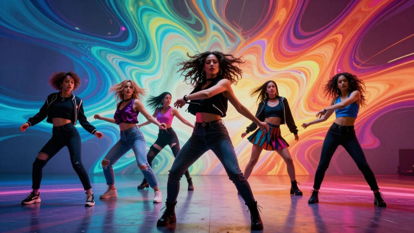 AI-generated music video scene with dancers and effects.