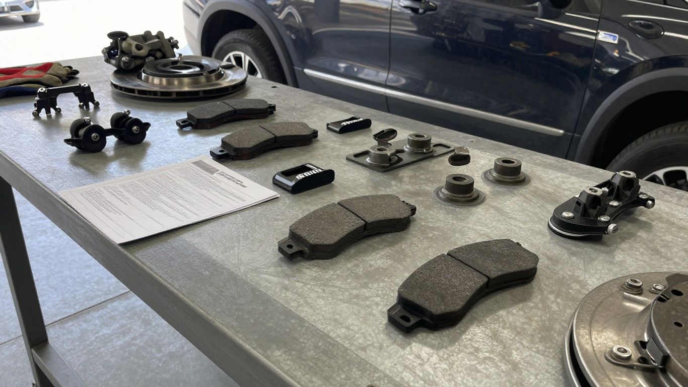 Mechanic checking brake parts beside vehicle