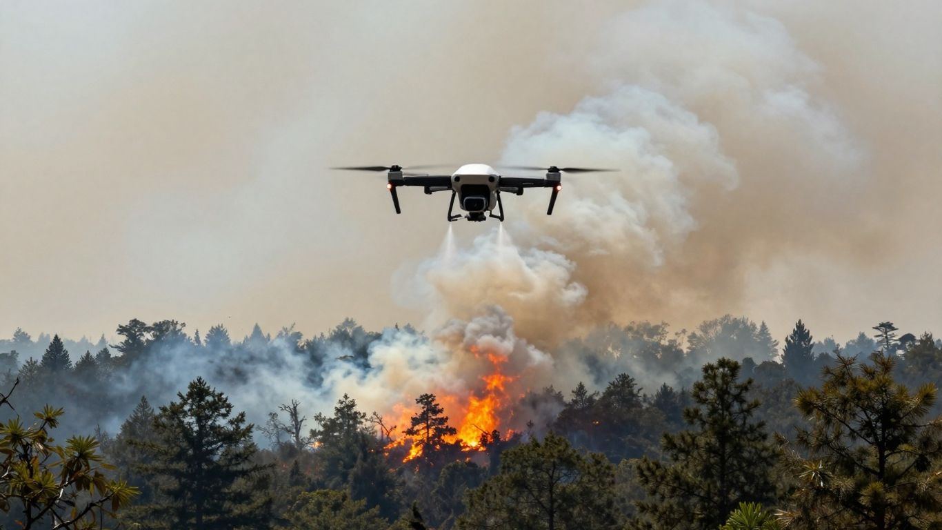 Drone spraying water on a forest fire.