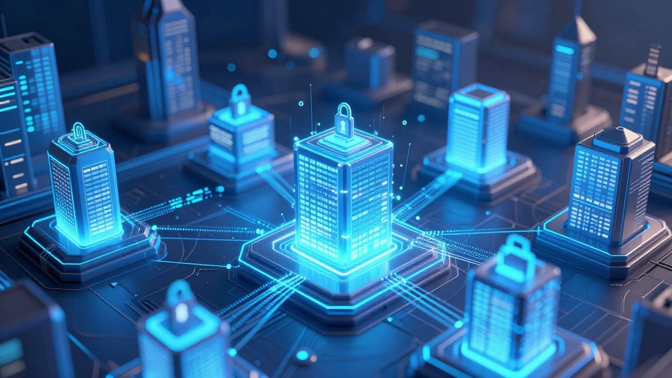Blockchain technology connecting insurance industry buildings.