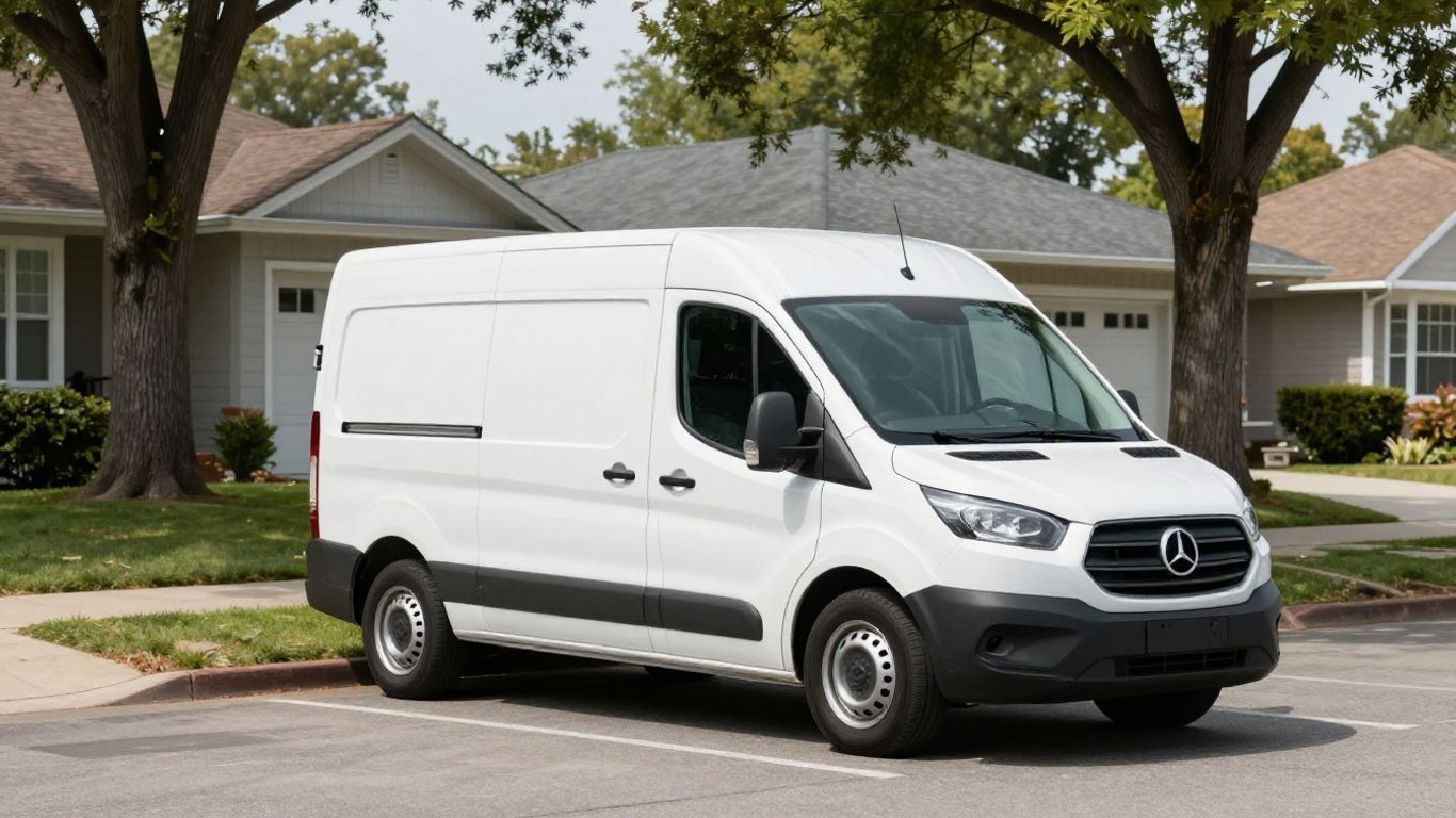 A delivery van parked on a quiet residential street