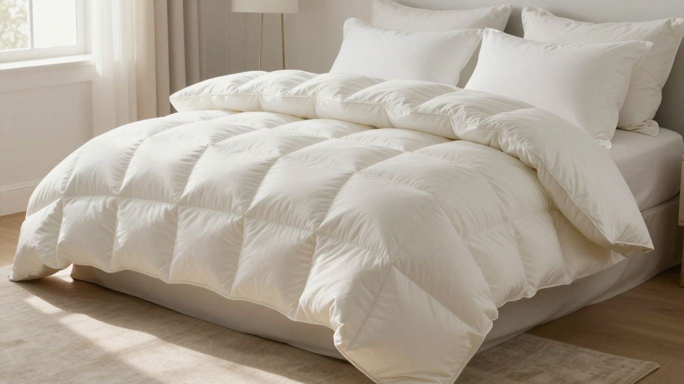 Plush Brooklinen down comforter on a neatly made bed.