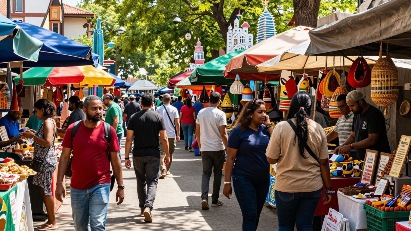 Mercado internacional con gente diversa y puntos de referencia globales.