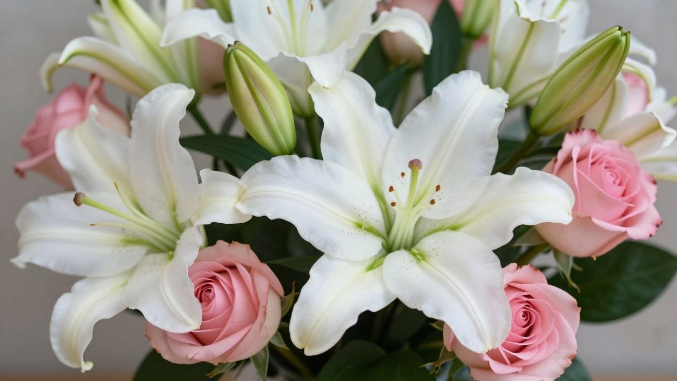 Elegant funeral flower arrangement with lilies and roses.