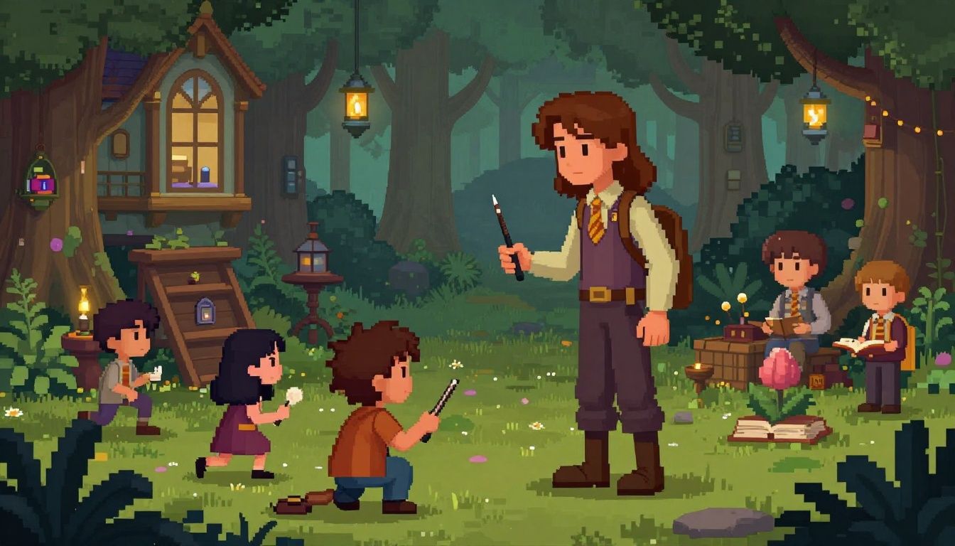 Um estudante de magia caminhando por um jardim encantado dentro de uma academia de bruxos com arquitetura vitoriana em estilo pixel art detalhado