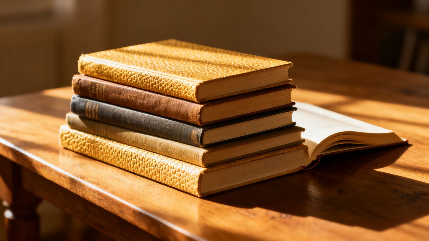 Stack of seven books on a wooden table with sunlight.