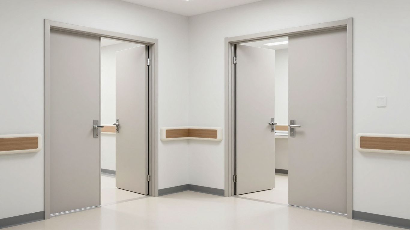 Hospital corridor with automatic swing and sliding doors.