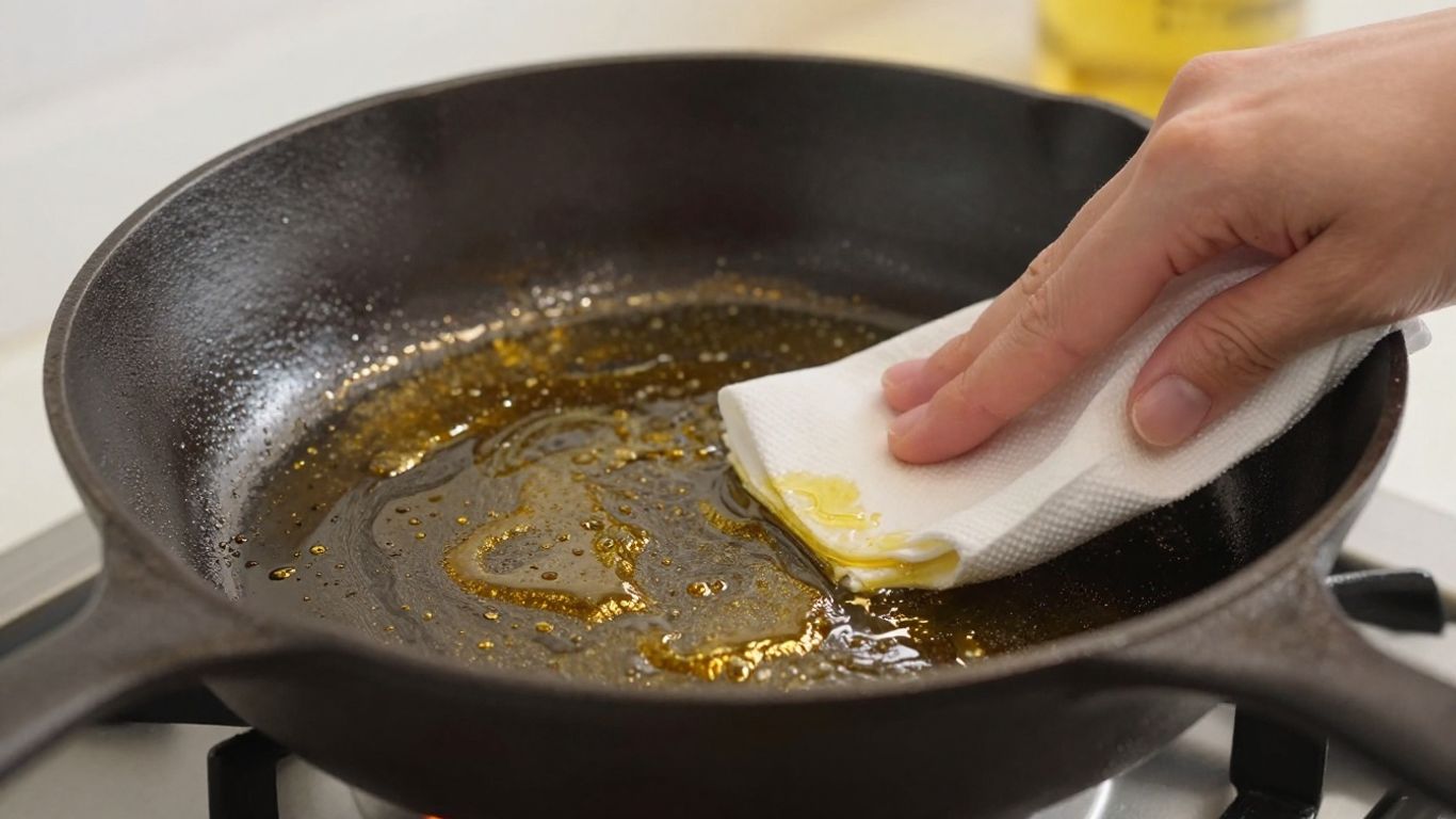 Seasoning a cast-iron skillet with oil.