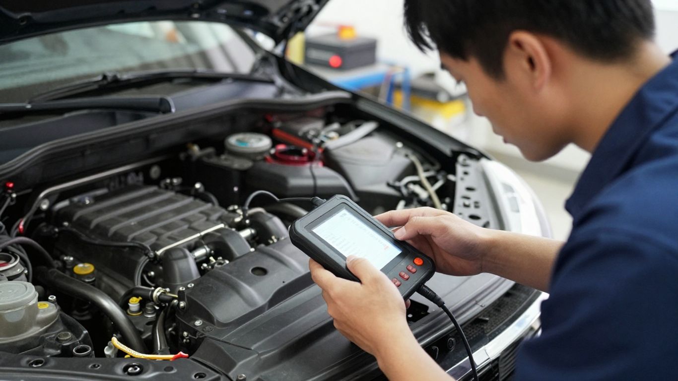 Professional mechanic verifying engine compatibility
