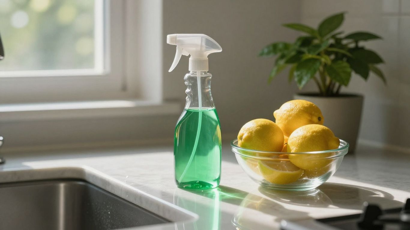 Green cleaning products and fresh lemons on a counter.