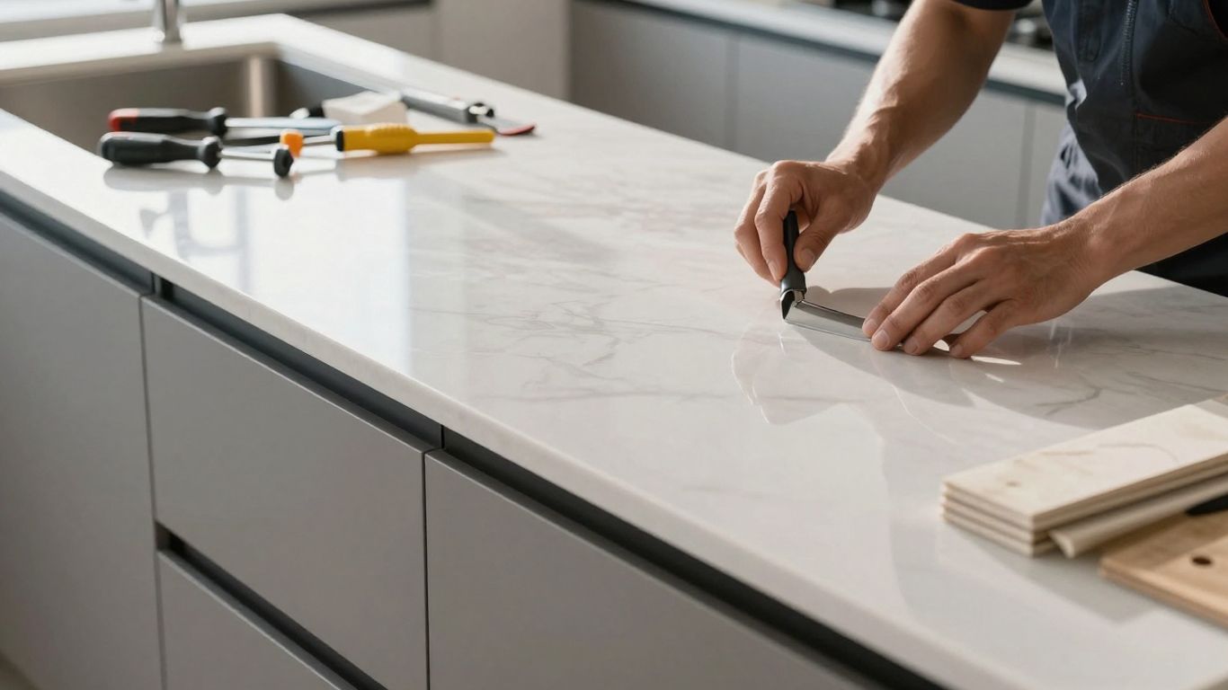 Countertop installation with tools and sunlight.