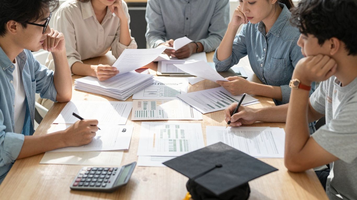 Students planning their financial future with loan documents.