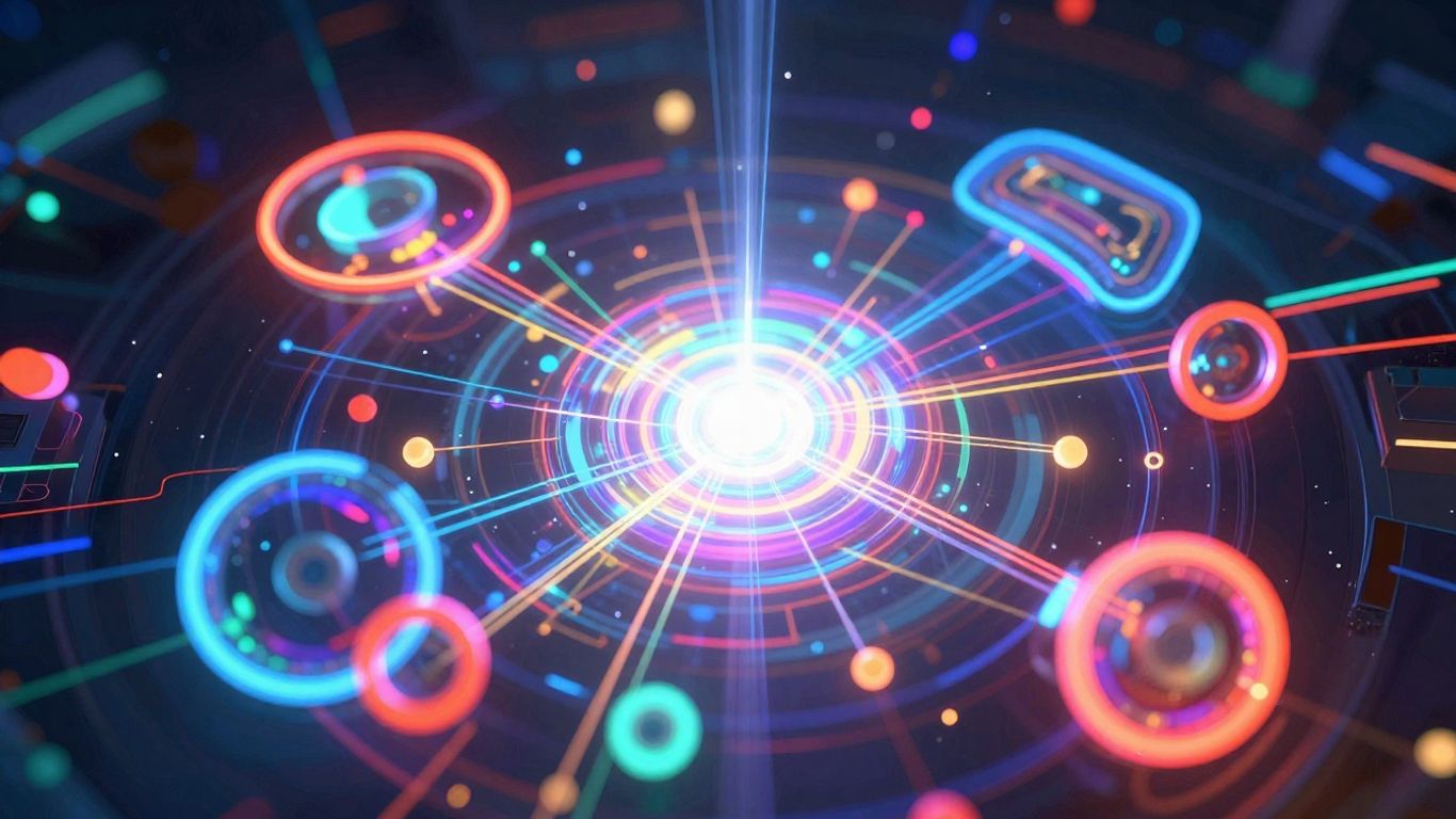Futuristic digital landscape with glowing abstract shapes and nodes.