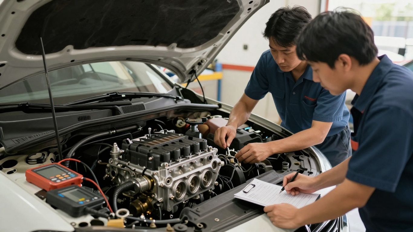 Mechanic comparing replacement engine details