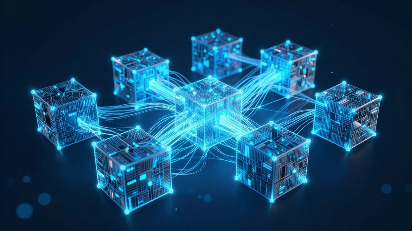 Interconnected digital blocks forming a secure blockchain network.