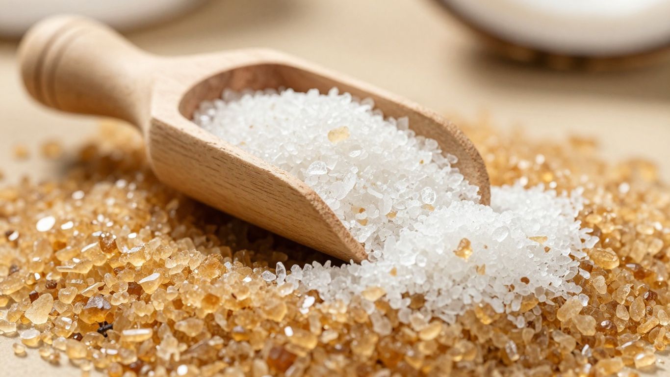 Granular coconut sugar spilling from a wooden scoop.