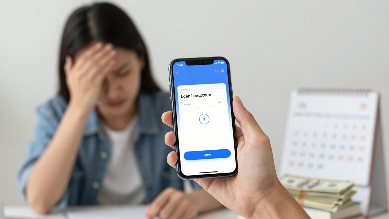 Person stressed about finances, looking at loan app on phone.