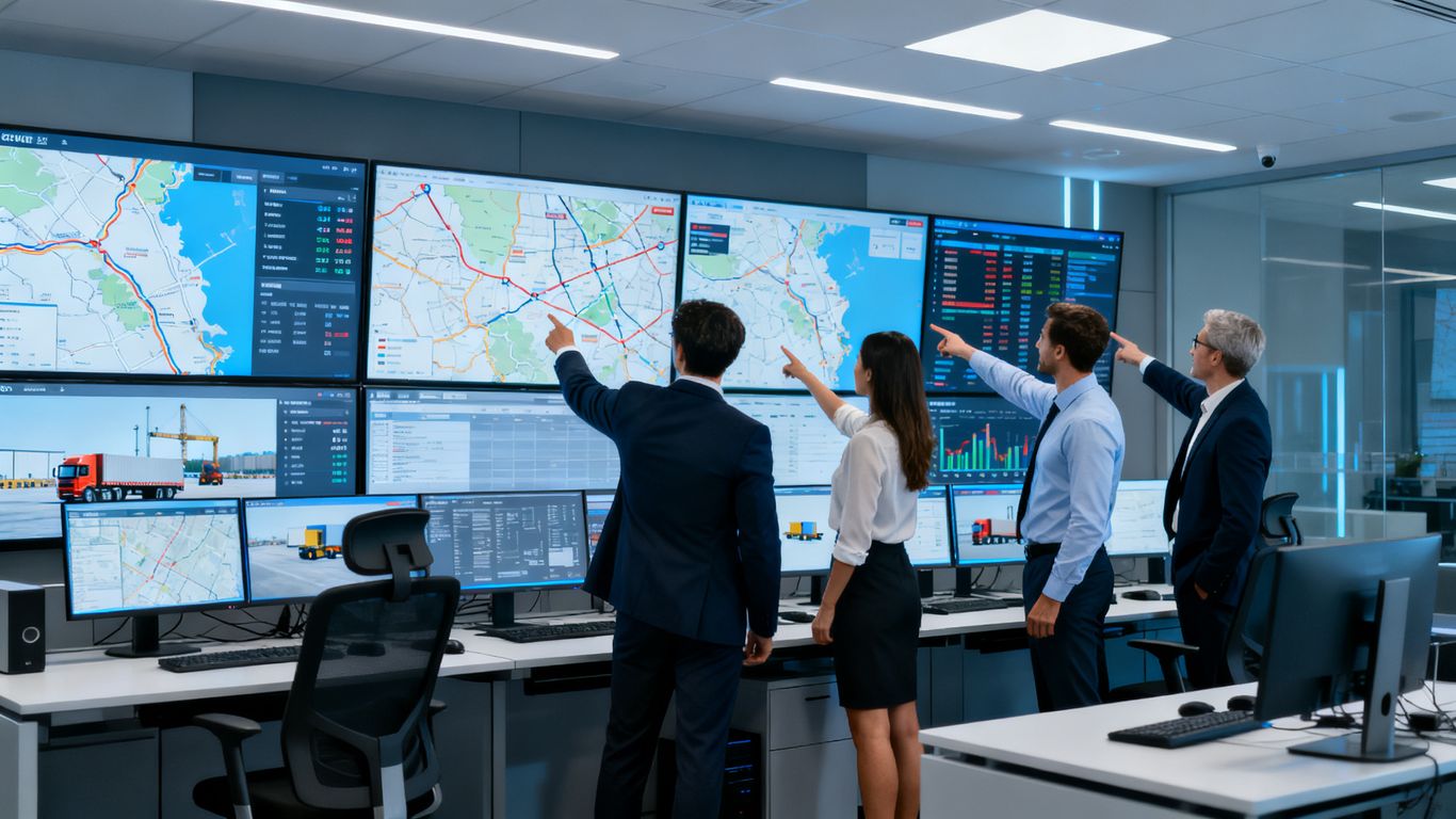 Logistics managers tracking route efficiency through digital displays
