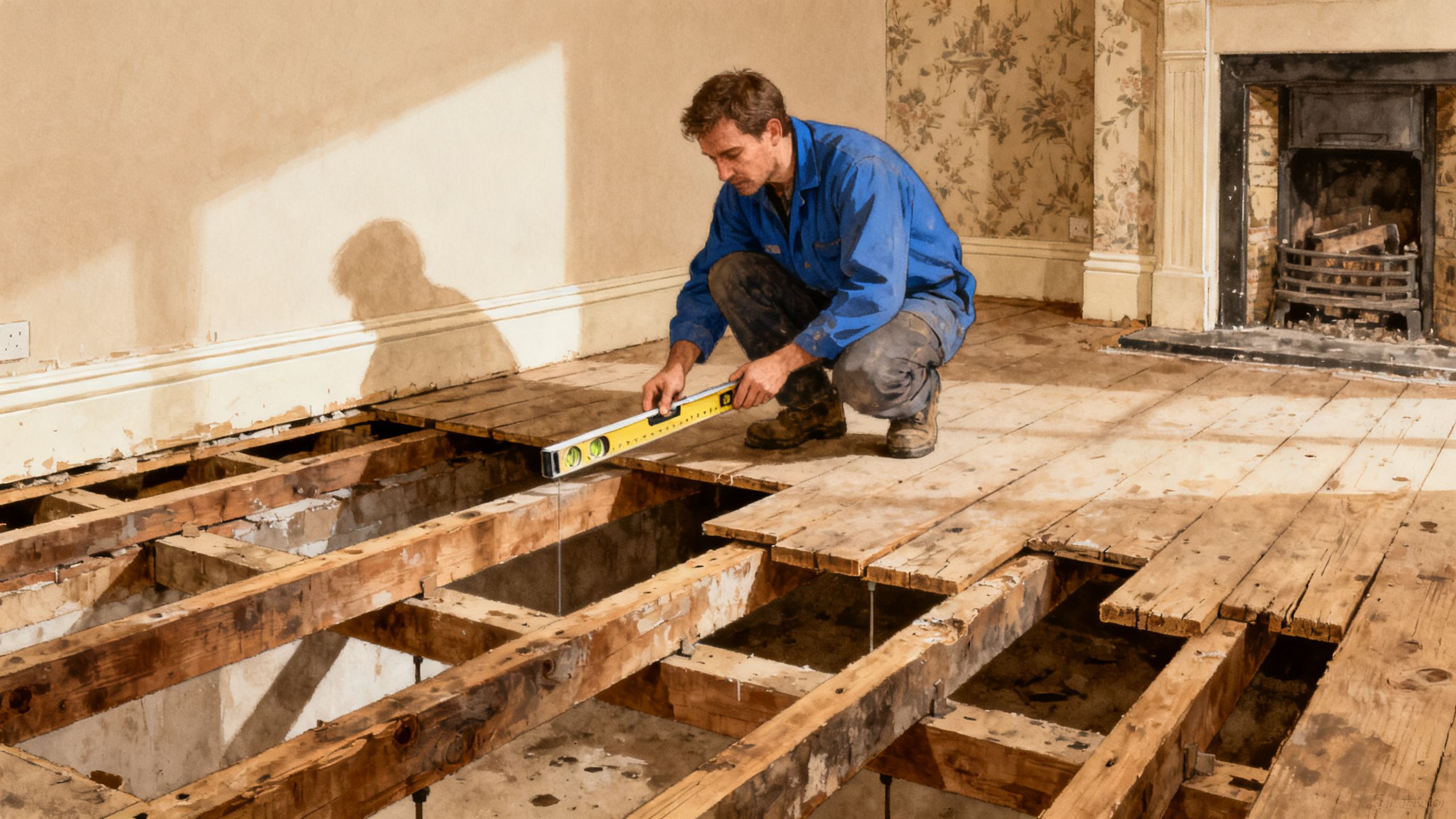 Illustrative Bristol Victorian terrace with a fitter checking uneven suspended timber floorboards before carpet and LVT installation