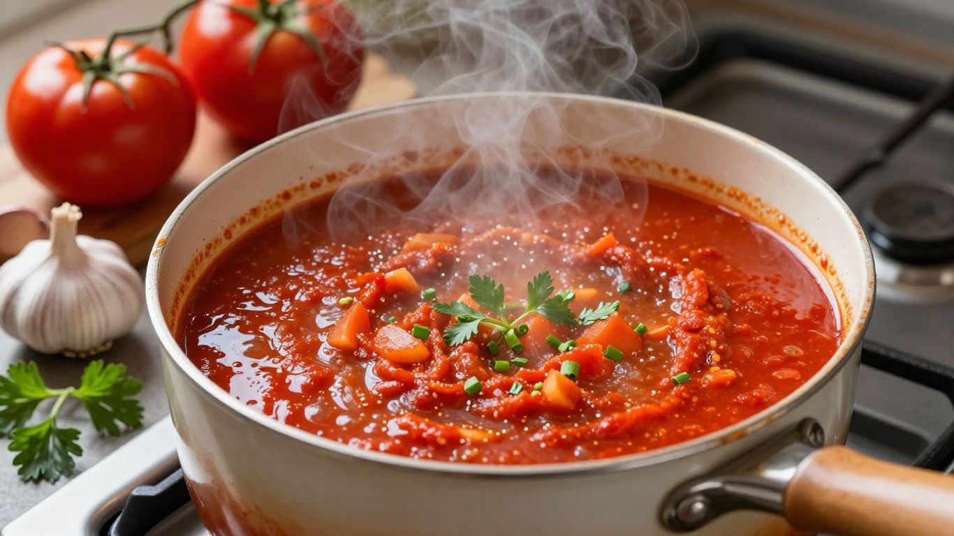 Bubbling pot of homemade marinara sauce with fresh ingredients.