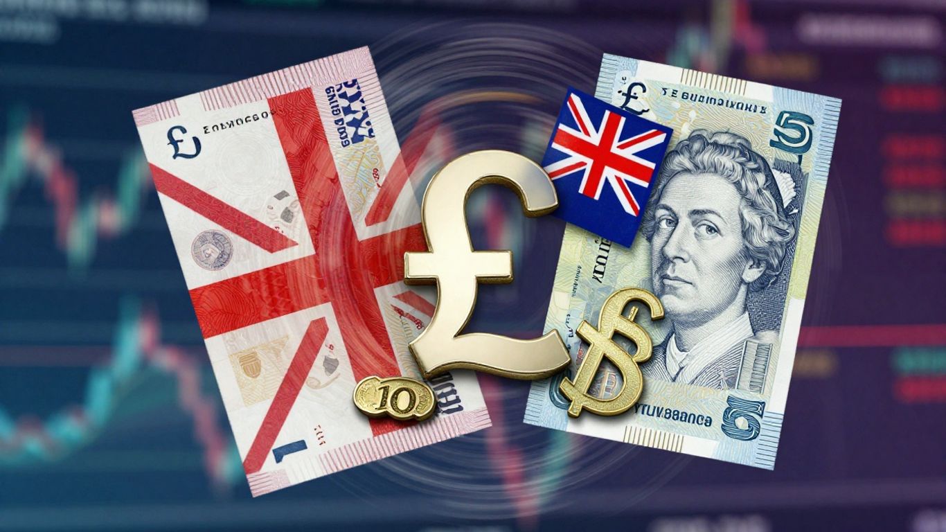 British Pound and Australian Dollar symbols in motion.