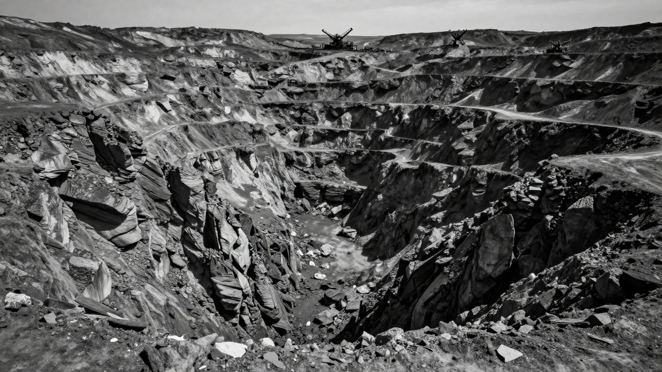 Paysage de mine d'uranium avec machinerie lourde.