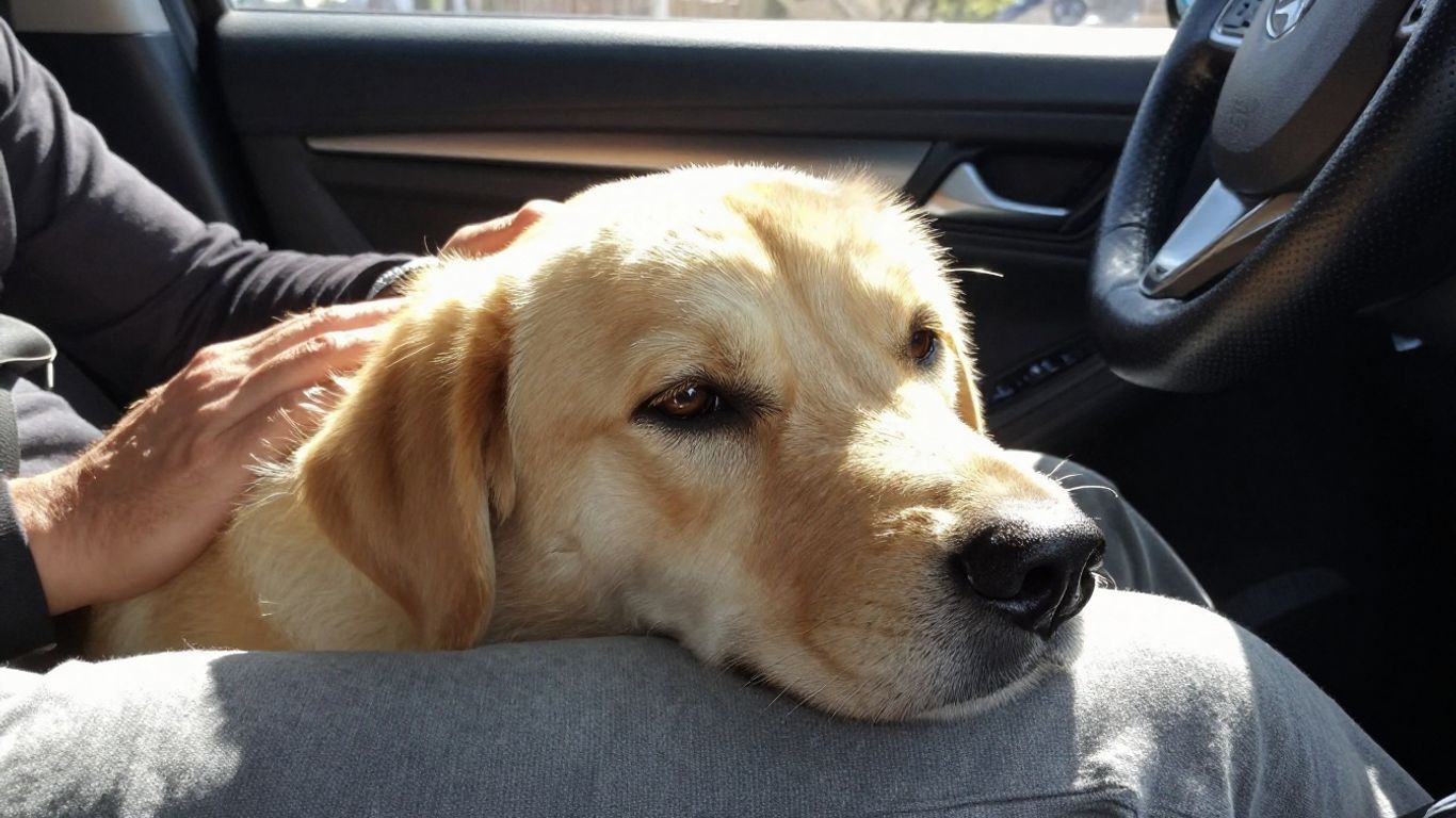 Hund ruht entspannt auf Schoß im Auto