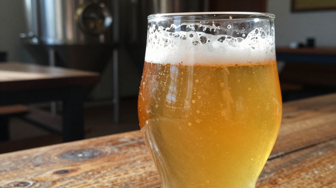 Golden French craft beer with frothy head in a glass.