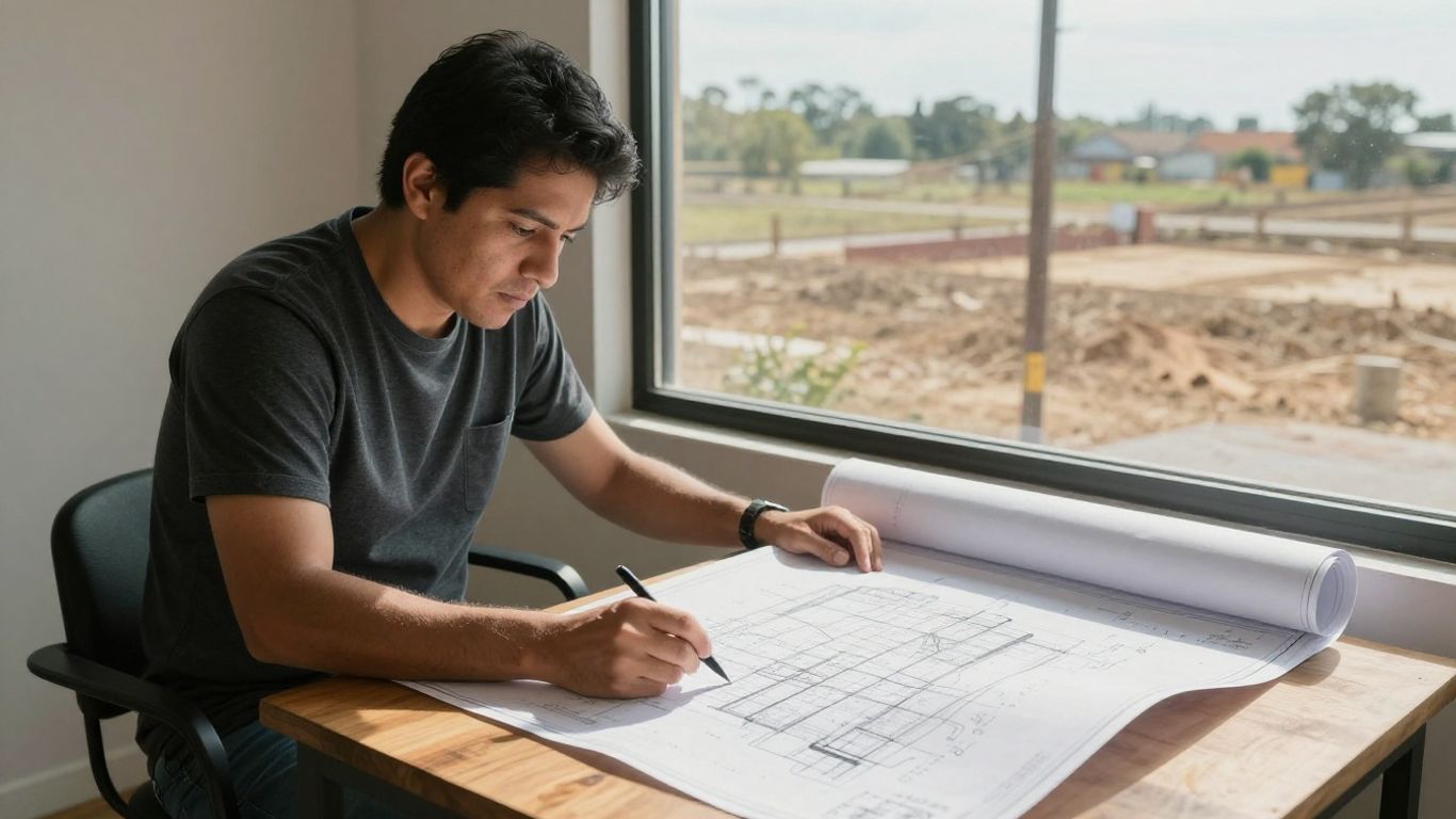 Person reviewing land blueprints with undeveloped land in background.