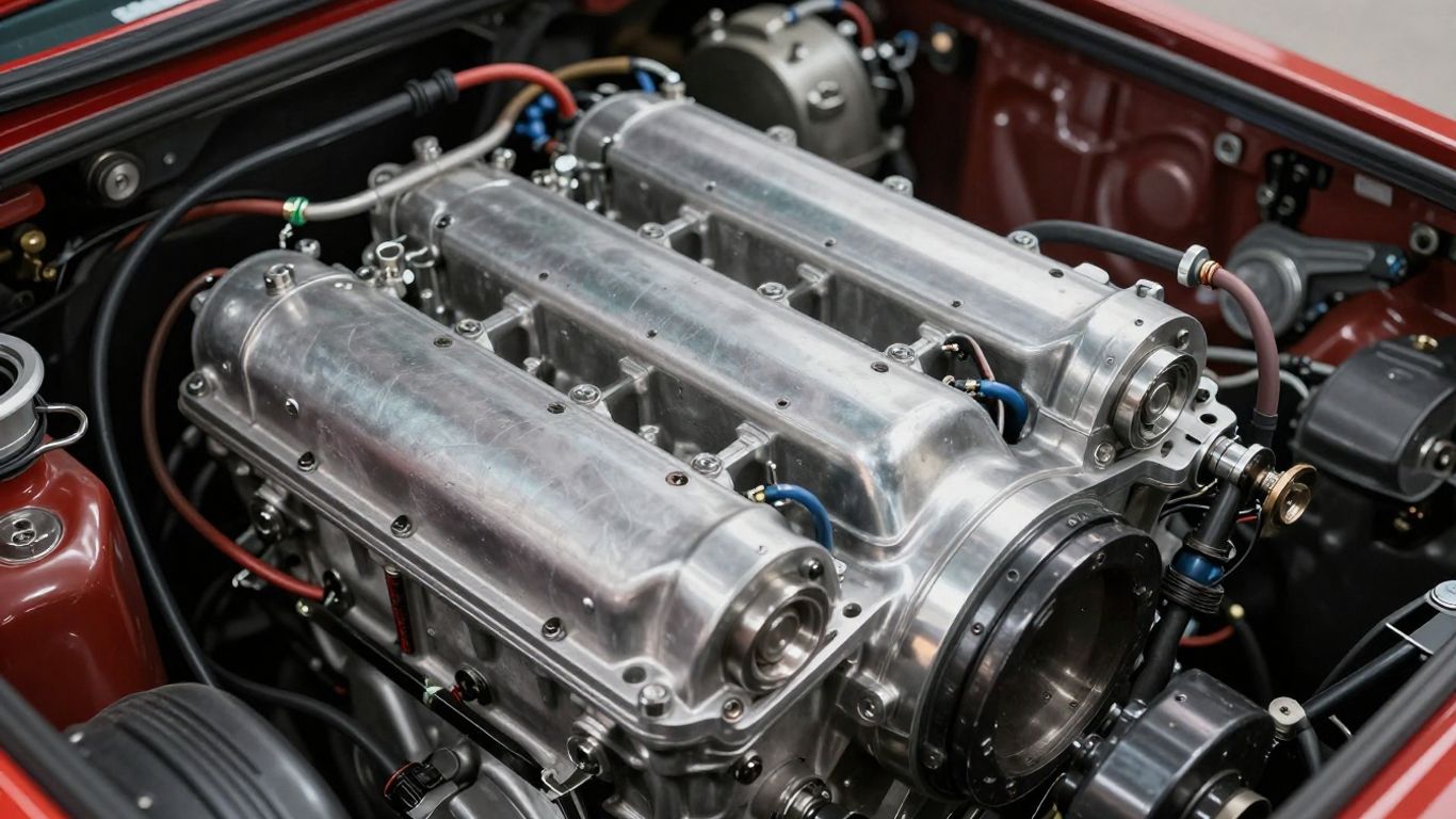 Reconditioned engine close-up, showing clean metal parts.