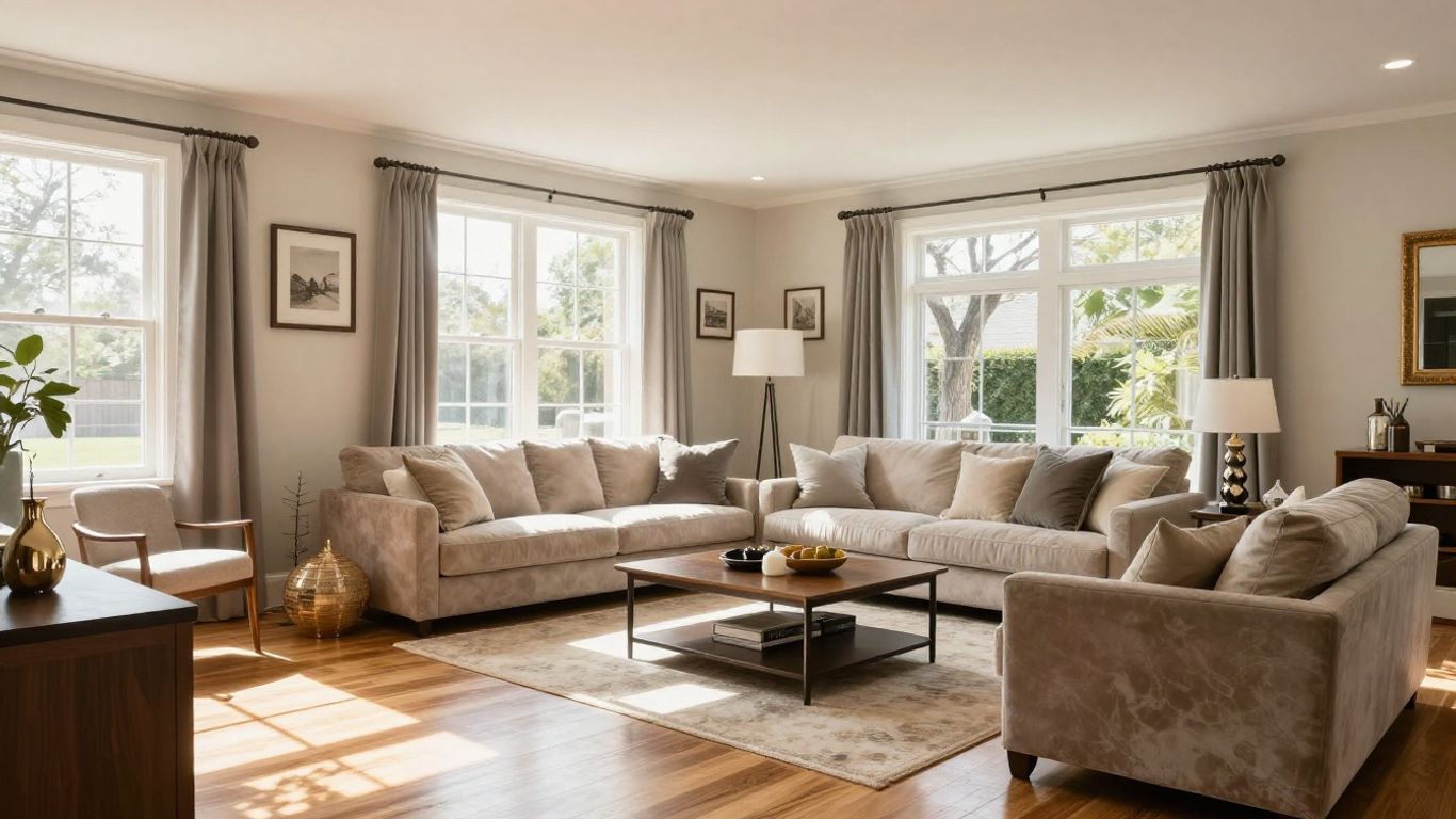 Finished basement living area with modern furniture and warm lighting.