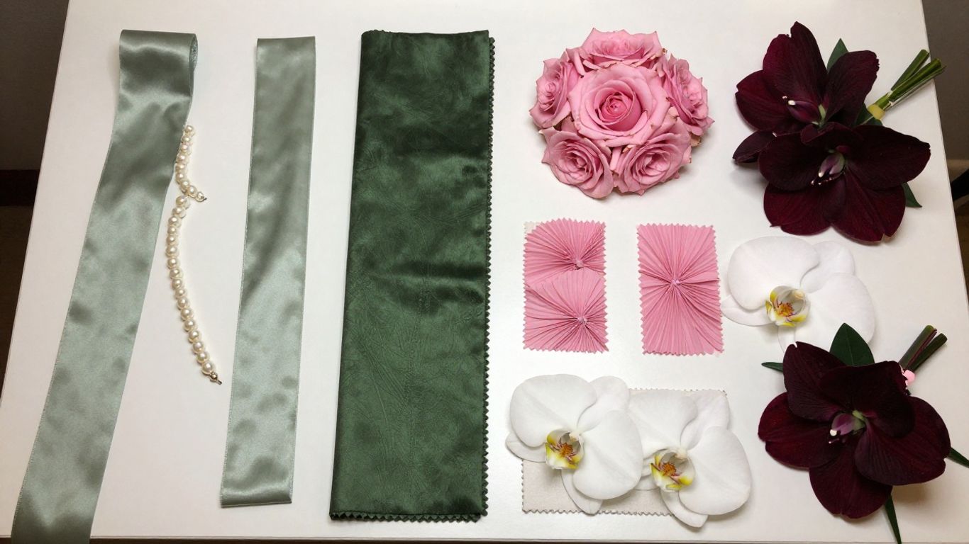 Close-up of elegant flowers and corsage ribbons