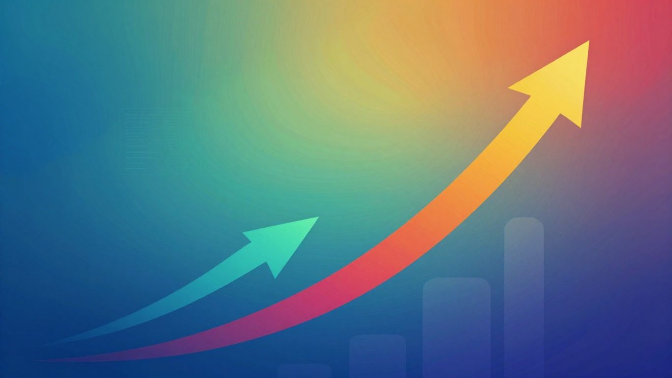 Upward trend graphic with abstract shapes and vibrant colors.