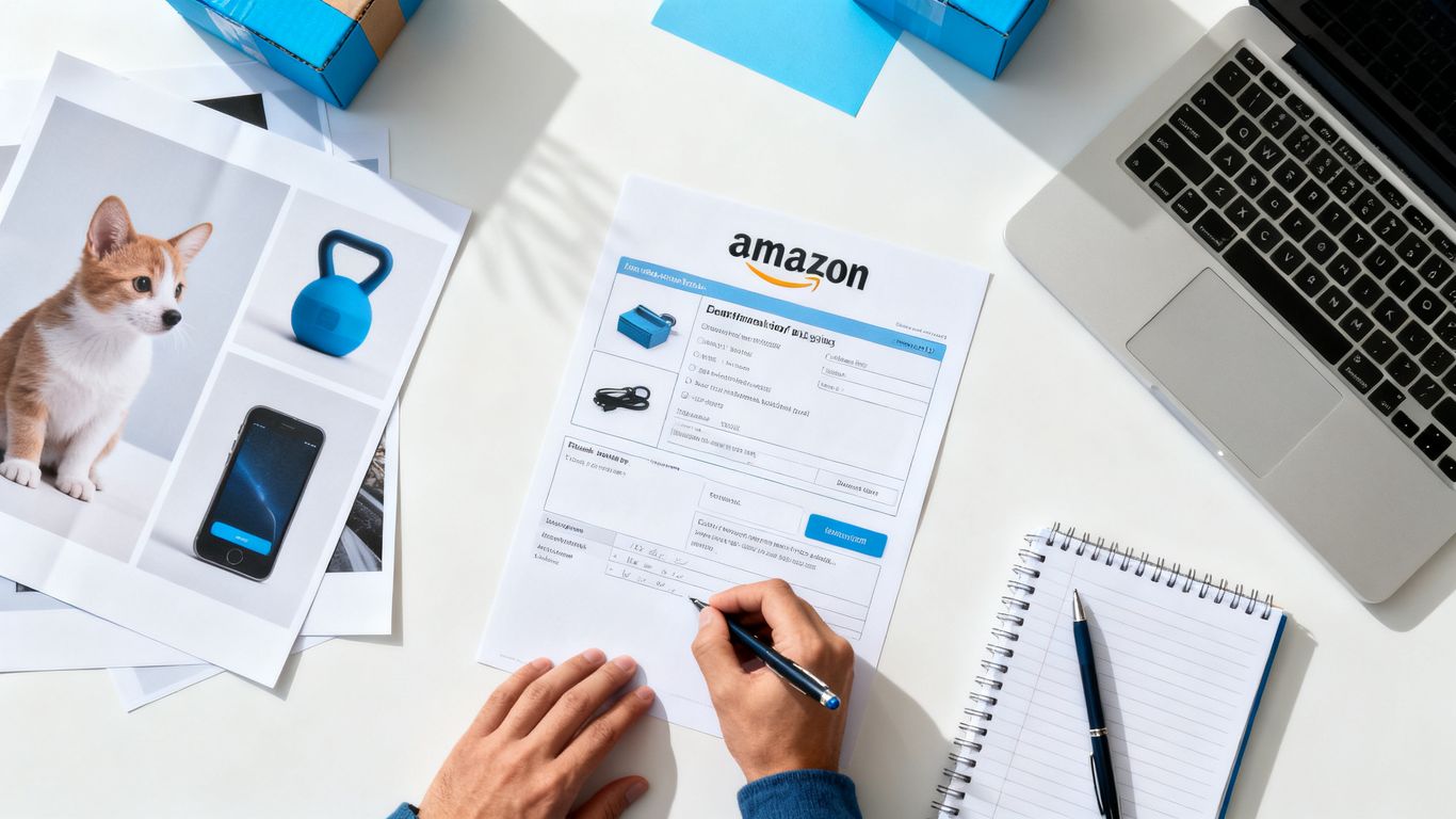 Amazon listing draft with product photos and keyword notes
