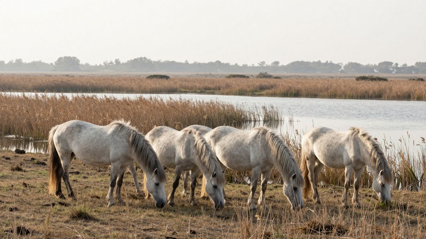 White Camargue horses grazing beside a wetland lagoon
