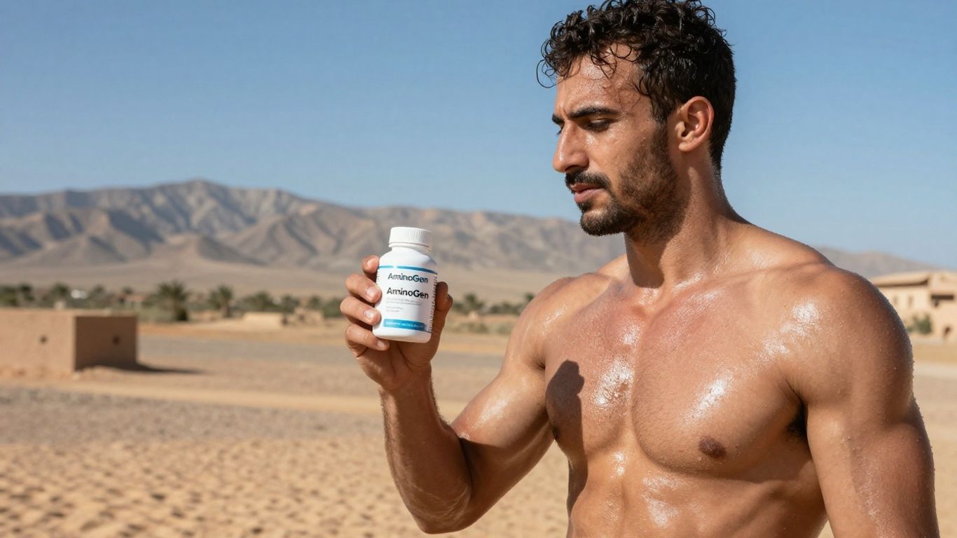 Homme musclé en paysage marocain avec produit AminoGen.