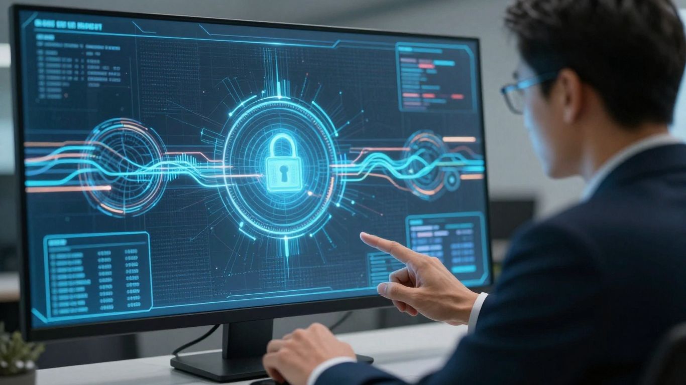 Cybersecurity audit professional examining digital network.