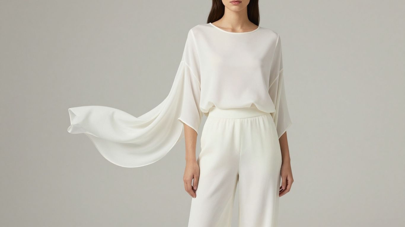 Woman in a stylish white two-piece outfit.