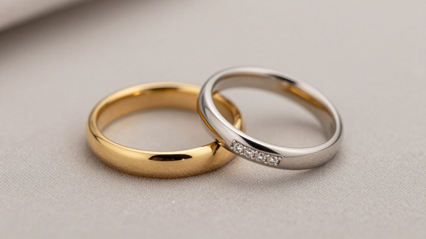 Close-up of two wedding rings, gold and platinum.