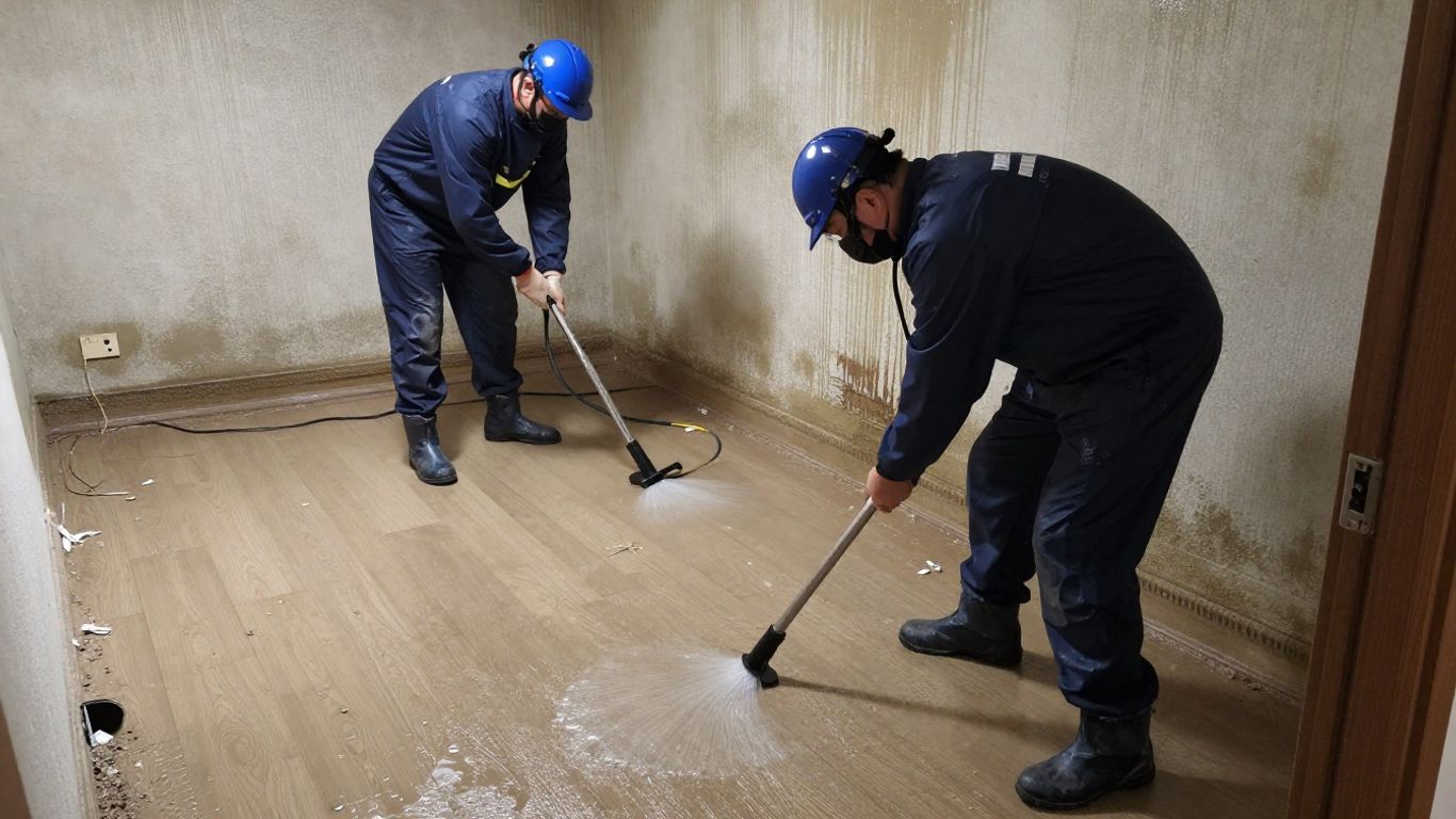 Water mitigation team restoring a damaged home interior.