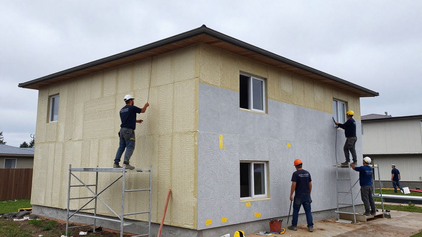 Maison en cours d'isolation extérieure avec panneaux.
