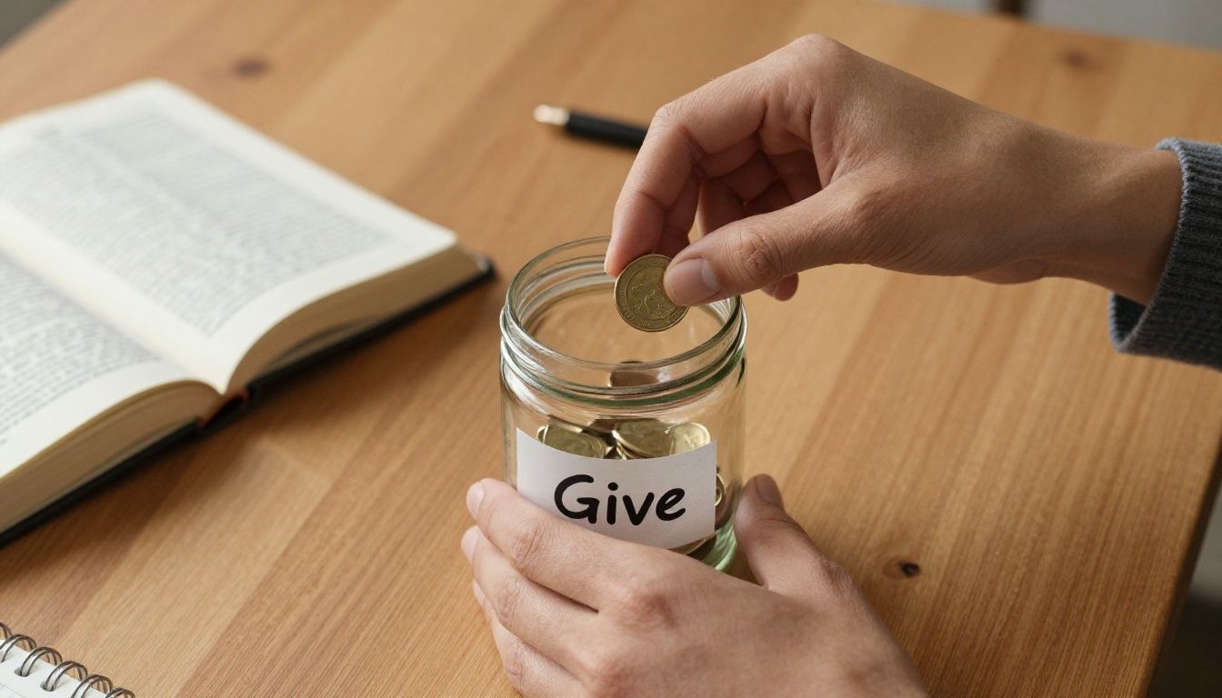 A person's hands carefully placing a coin into a clear glass jar labeled 'Give' on a wooden table, with a Bible and a notebook nearby, illuminated by warm, natural light.