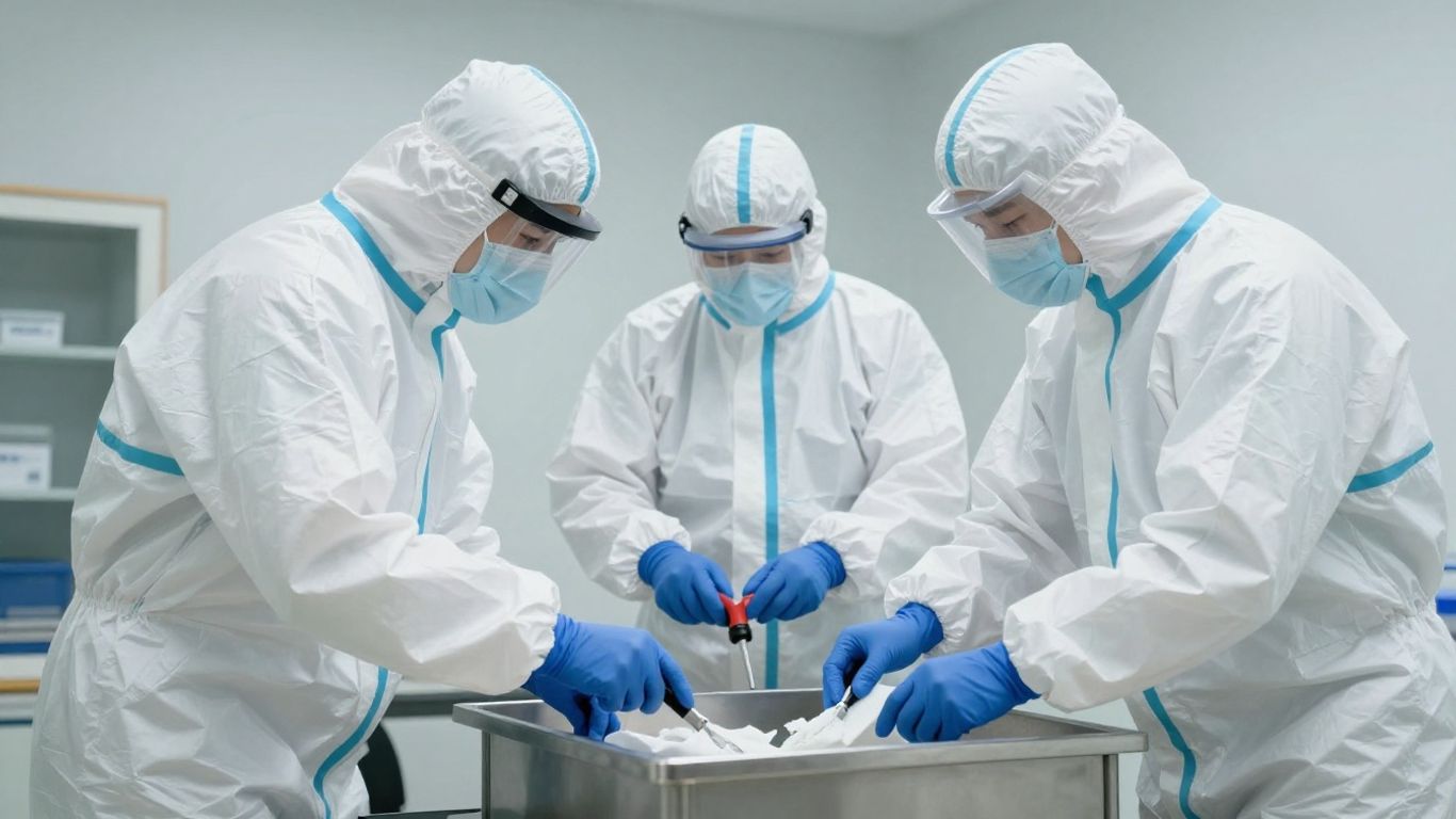 Biohazard cleaning crew in protective gear sanitizing a room.