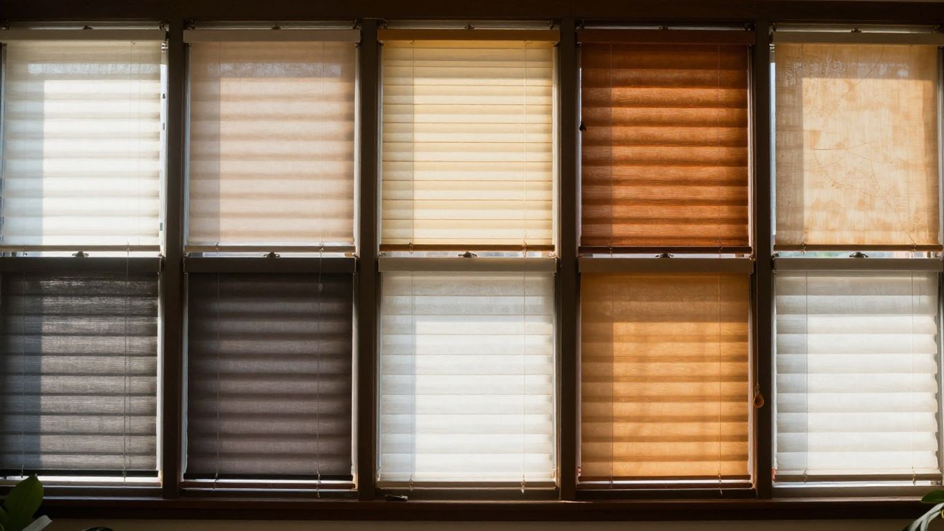 Various window blinds in different styles and colors.