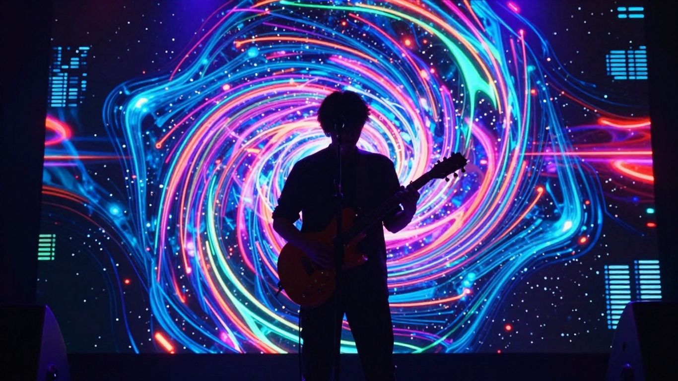Indie musician on stage with abstract digital light patterns.