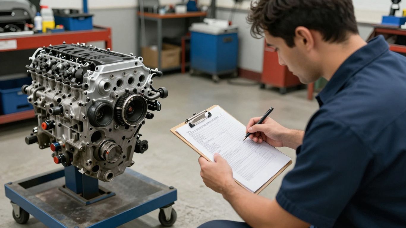 Mechanic comparing engine details beside vehicle
