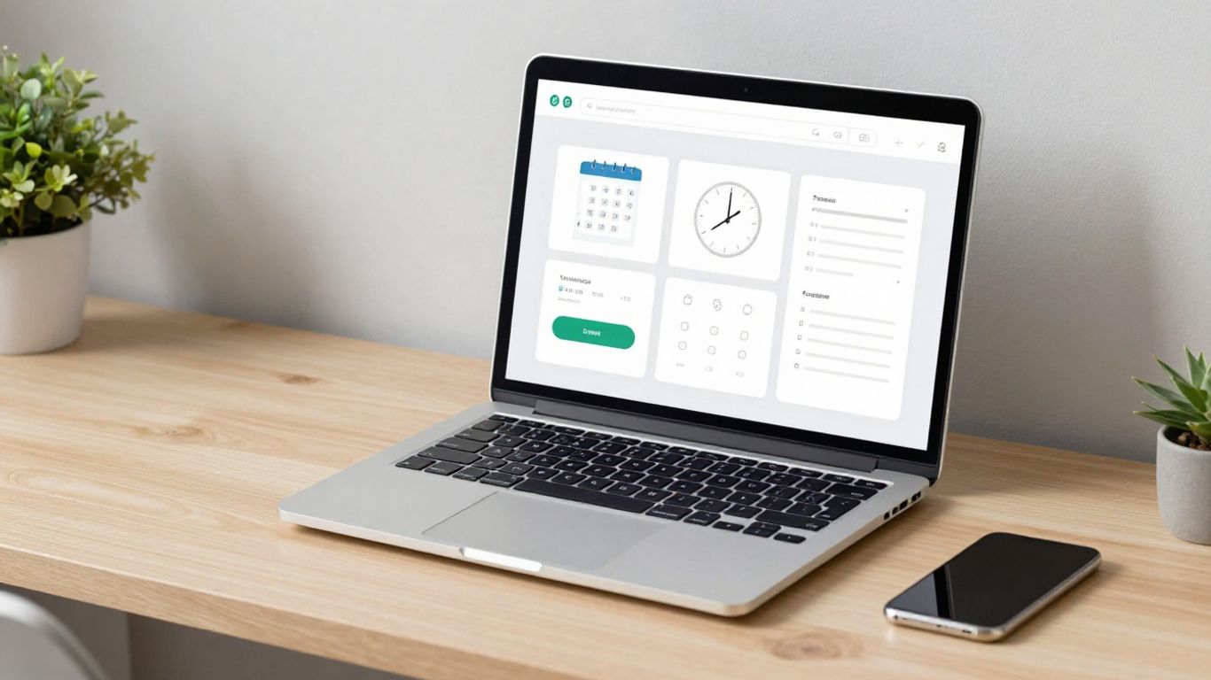 Desk with laptop showing automation tools.